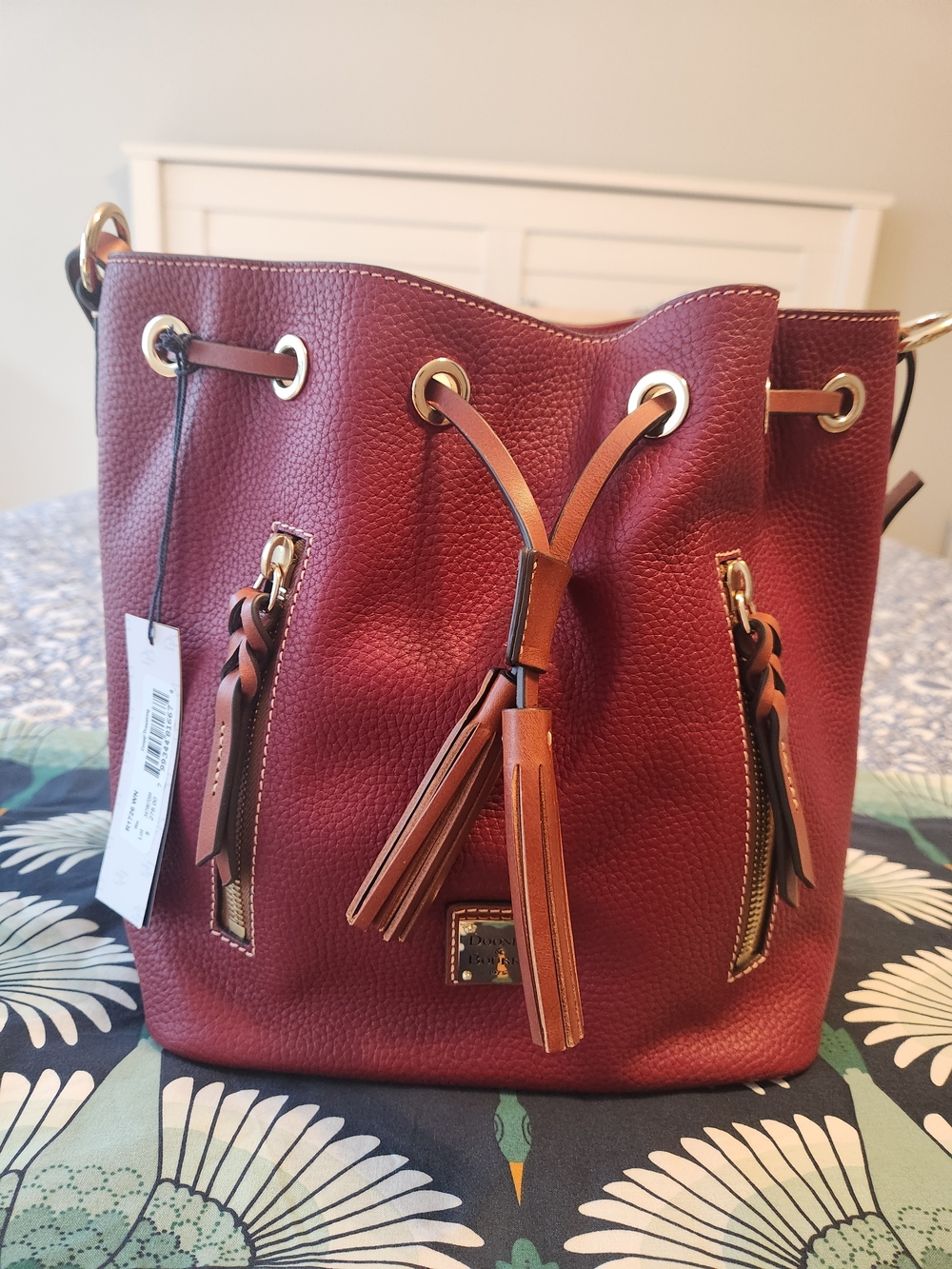Dooney & BOURKE COOPER drawstring WINE Red  Bucket Bag with Tan Accents